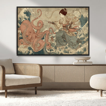 Tsukioka Yoshitoshi Samurai Wall Art Print, Japanese Katana Warrior Canvas Wall Art, Octopus Sea Monster Canvas Print,