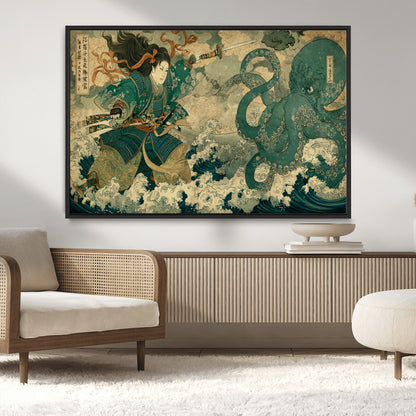 Tsukioka Yoshitoshi Samurai Wall Art Print, Japanese Katana Warrior Canvas Wall Art, Octopus Sea Monster Canvas Print,
