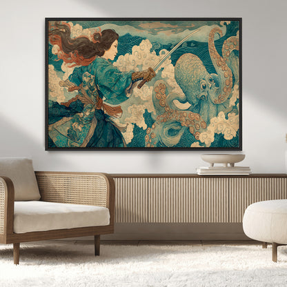 Tsukioka Yoshitoshi Samurai Wall Art Print, Japanese Katana Warrior Canvas Wall Art, Octopus Sea Monster Canvas Print,