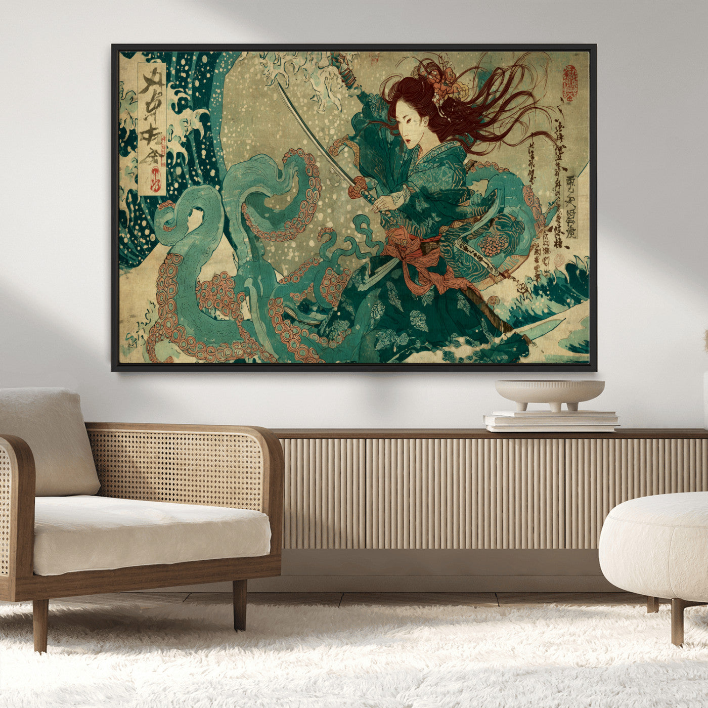 Tsukioka Yoshitoshi Samurai Wall Art Print, Japanese Katana Warrior Canvas Wall Art, Octopus Sea Monster Canvas Print,