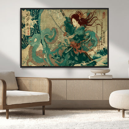 Tsukioka Yoshitoshi Samurai Wall Art Print, Japanese Katana Warrior Canvas Wall Art, Octopus Sea Monster Canvas Print,