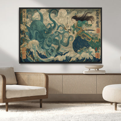 Tsukioka Yoshitoshi Samurai Wall Art Print, Japanese Katana Warrior Canvas Wall Art, Octopus Sea Monster Canvas Print,
