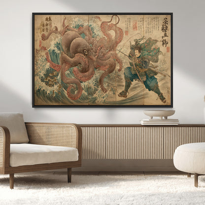 Tsukioka Yoshitoshi Samurai Wall Art Print, Japanese Katana Warrior Canvas Wall Art, Octopus Sea Monster Canvas Print,