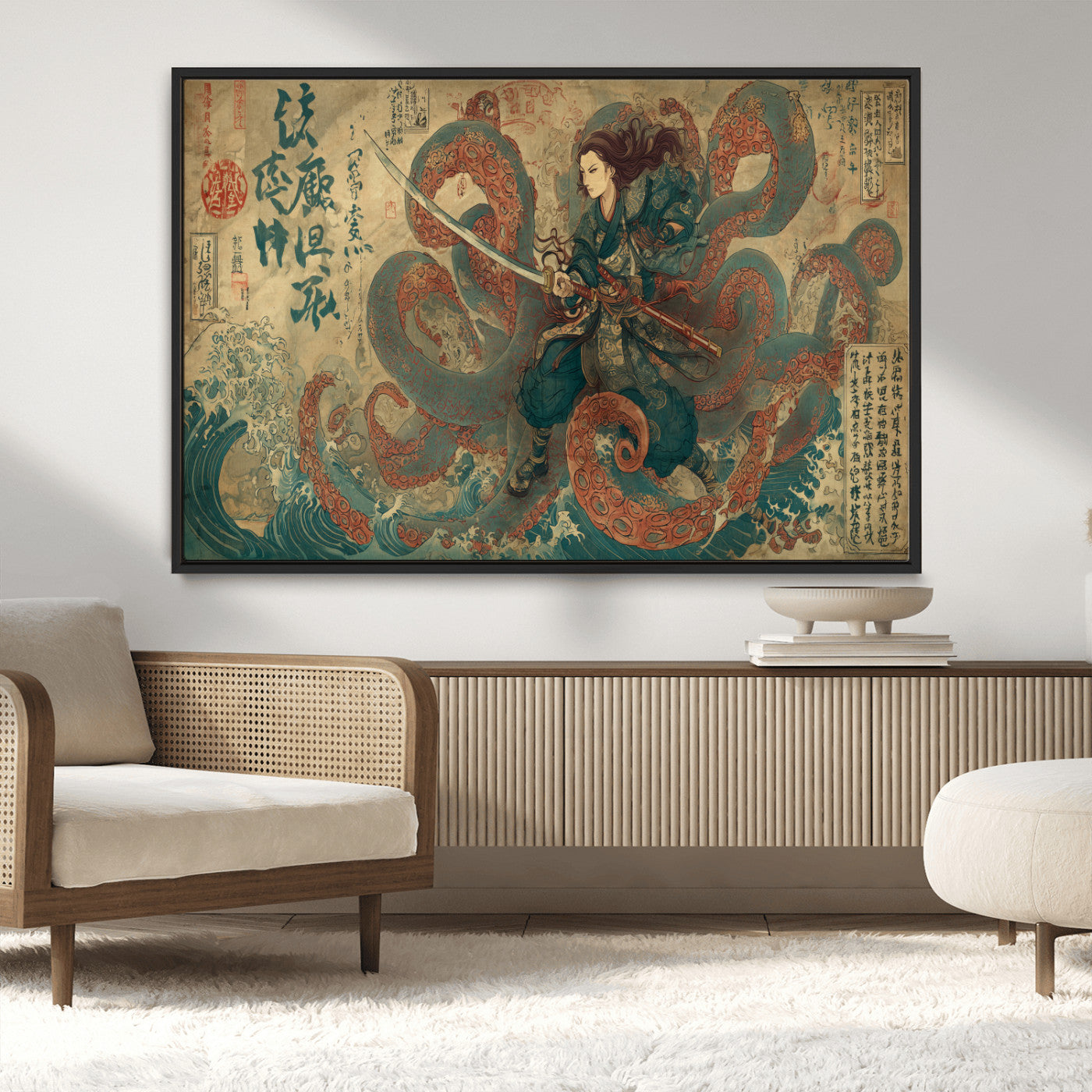 Tsukioka Yoshitoshi Samurai Wall Art Print, Japanese Katana Warrior Canvas Wall Art, Octopus Sea Monster Canvas Print,
