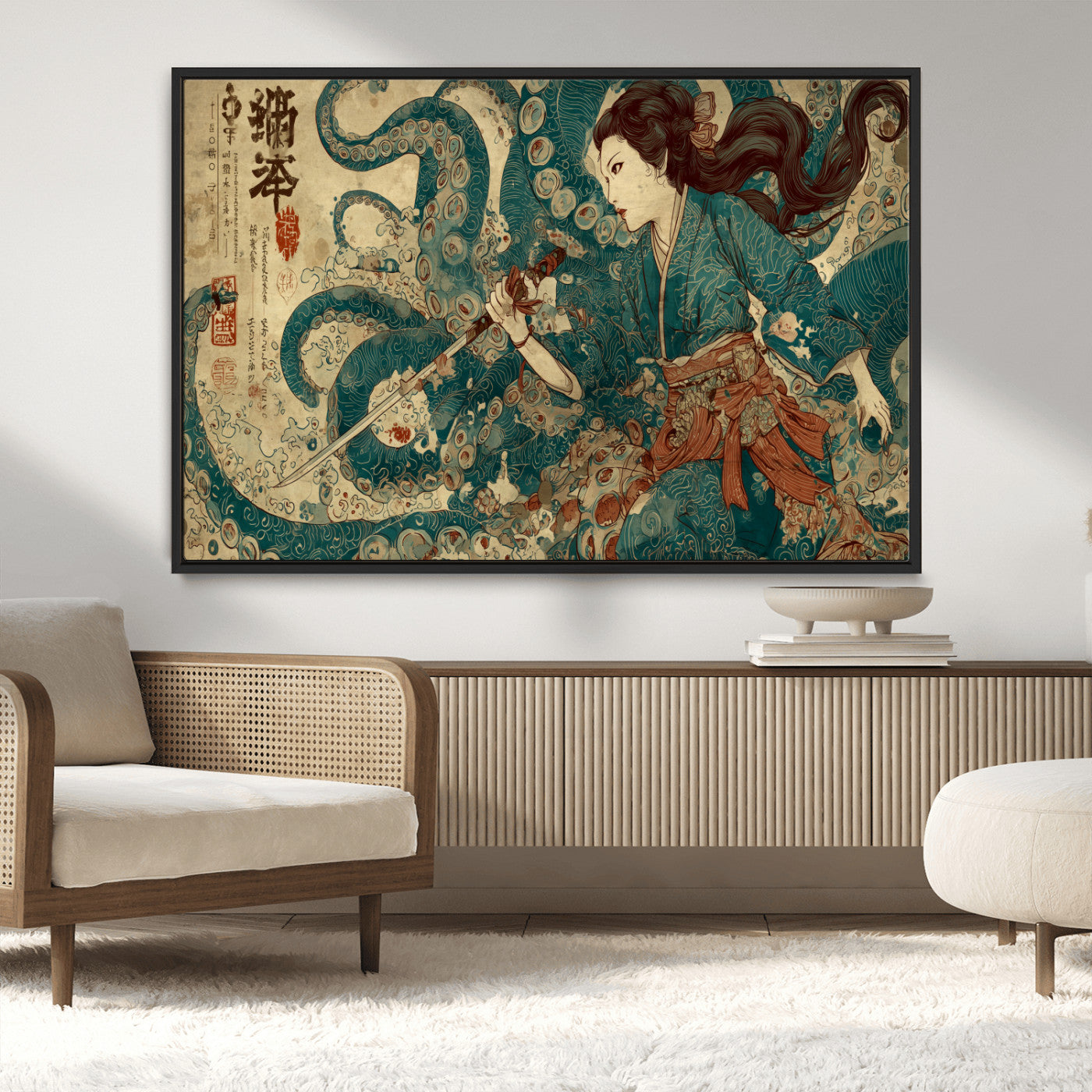 Tsukioka Yoshitoshi Samurai Wall Art Print, Japanese Katana Warrior Canvas Wall Art, Octopus Sea Monster Canvas Print,