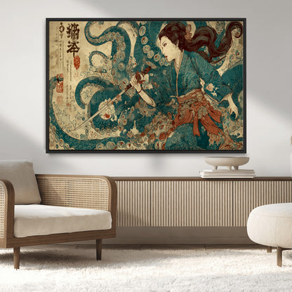 Tsukioka Yoshitoshi Samurai Wall Art Print, Japanese Katana Warrior Canvas Wall Art, Octopus Sea Monster Canvas Print,