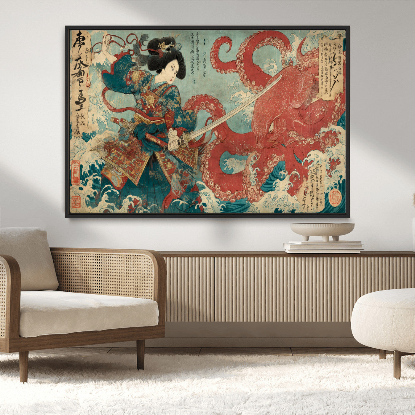 Tsukioka Yoshitoshi Samurai Wall Art Print, Japanese Katana Warrior Canvas Wall Art, Octopus Sea Monster Canvas Print,