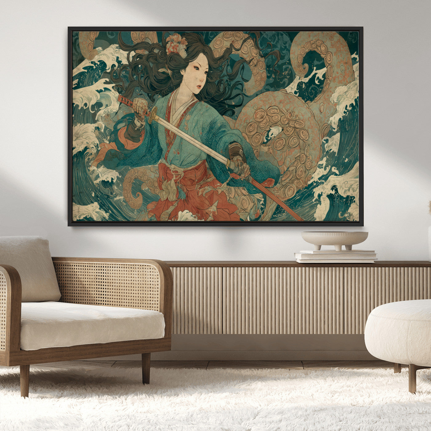 Tsukioka Yoshitoshi Samurai Wall Art Print, Japanese Katana Warrior Canvas Wall Art, Octopus Sea Monster Canvas Print,