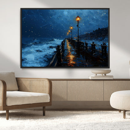 "Impressionistic painting of a rainy pier at night with glowing street lamps reflecting on the wet surface, ocean waves crashing under a dark blue sky."