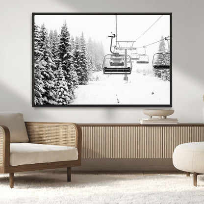 Black and white canvas of empty ski lifts over a snowy pine forest, perfect for minimal winter or ski lodge-inspired decor.