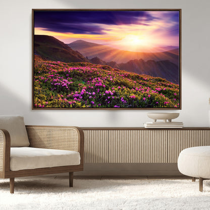-Mountain Sunrise Wall Art – Vibrant Floral Landscape Canvas Print, Nature Home Decor for Living Room, Bedroom Office or Cabin