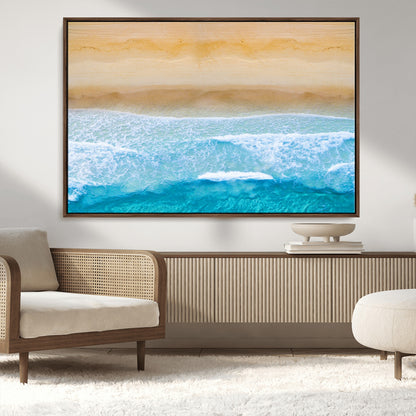 -Aerial Beach Wall Art – Serene Ocean Waves & Sandy Shore Canvas Print, Coastal Home Decor for Living Room, Bedroom or Office