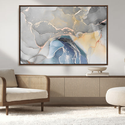 -Abstract Fluid Art Wall Decor – Blue, Gray & Gold Canvas Print, Modern Home and Office Wall Art Decor for Living Room, Bedroom or Workspace