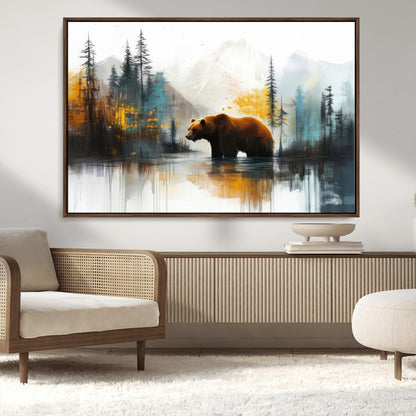 A majestic bear stands by the serene waters of a misty forest, surrounded by towering trees and distant mountains, evoking the raw beauty and wild spirit of nature.