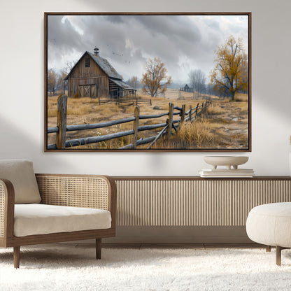 A tranquil rural scene featuring a rustic barn, overcast skies, and golden fields with scattered trees, evoking a sense of peaceful solitude in nature.