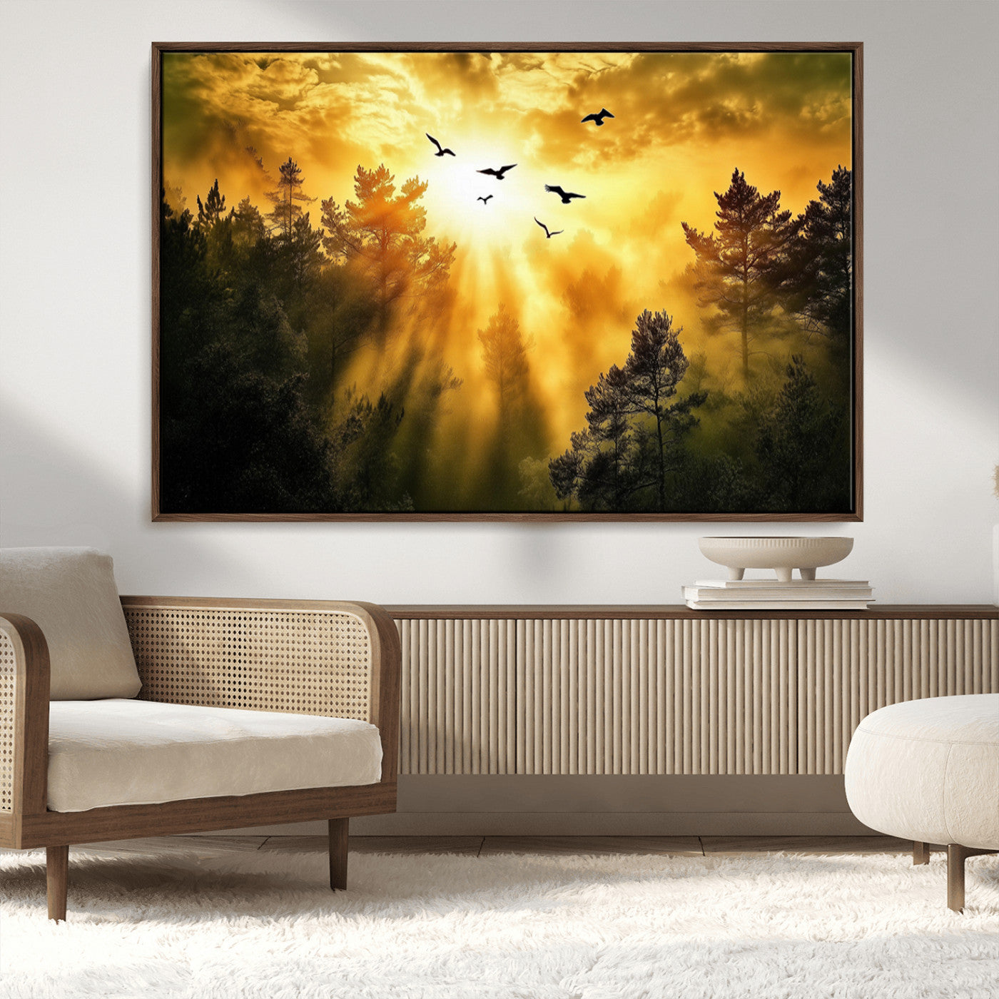 Canvas of a golden forest at sunset with birds flying through glowing sunbeams and silhouetted pine trees, ideal for warm-toned rustic decor.
