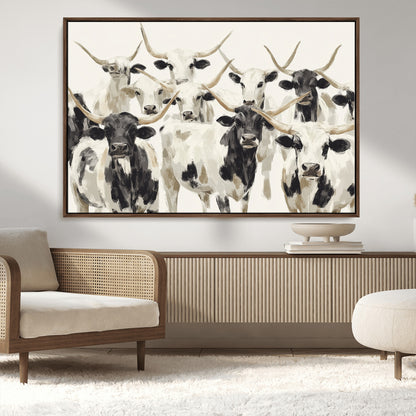 Canvas of a Texas Longhorn cattle herd in neutral black and white tones, ideal for rustic farmhouse or western-themed decor.