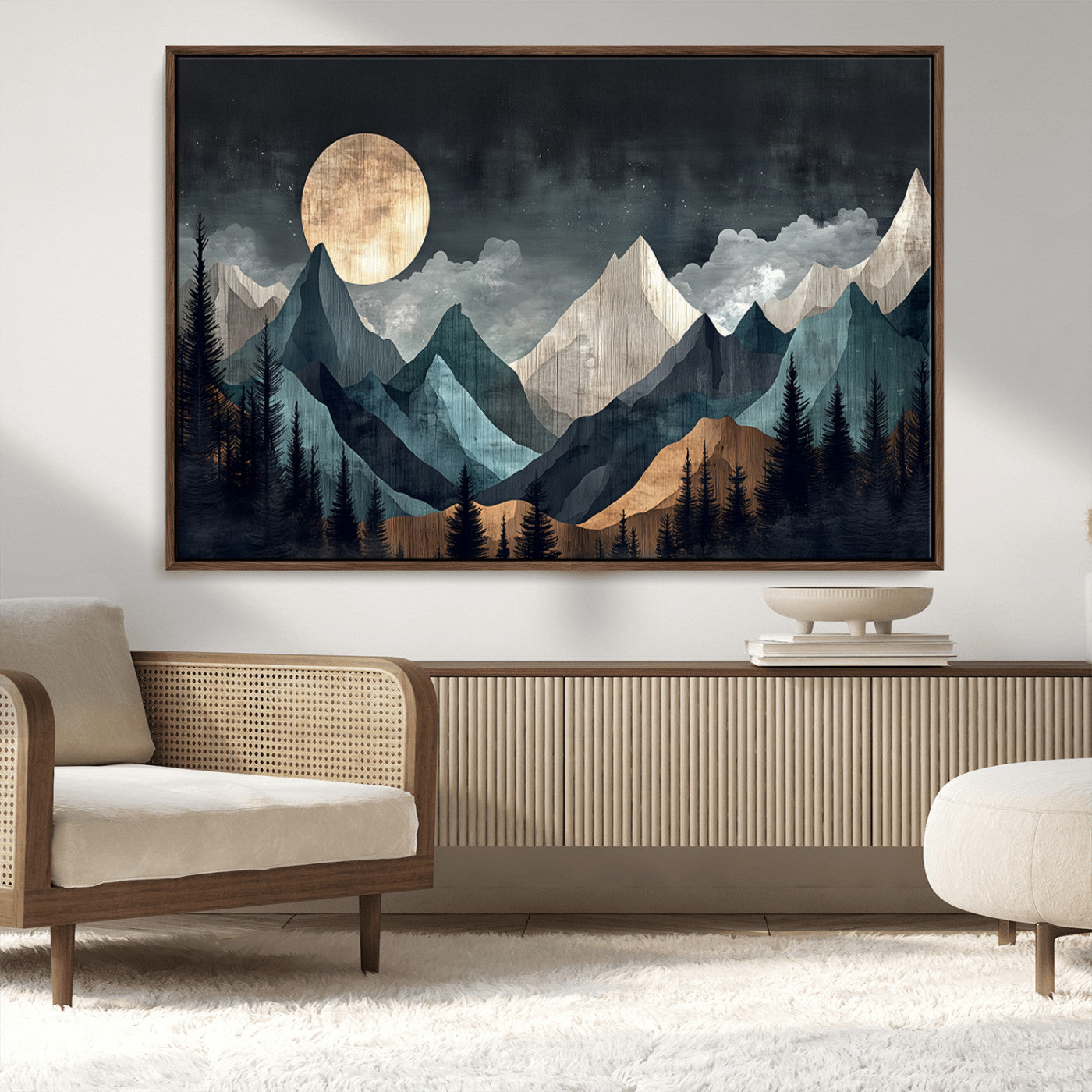Stylized canvas of layered mountains under a full moon in neutral moody tones, ideal for nature-inspired or modern rustic interiors.