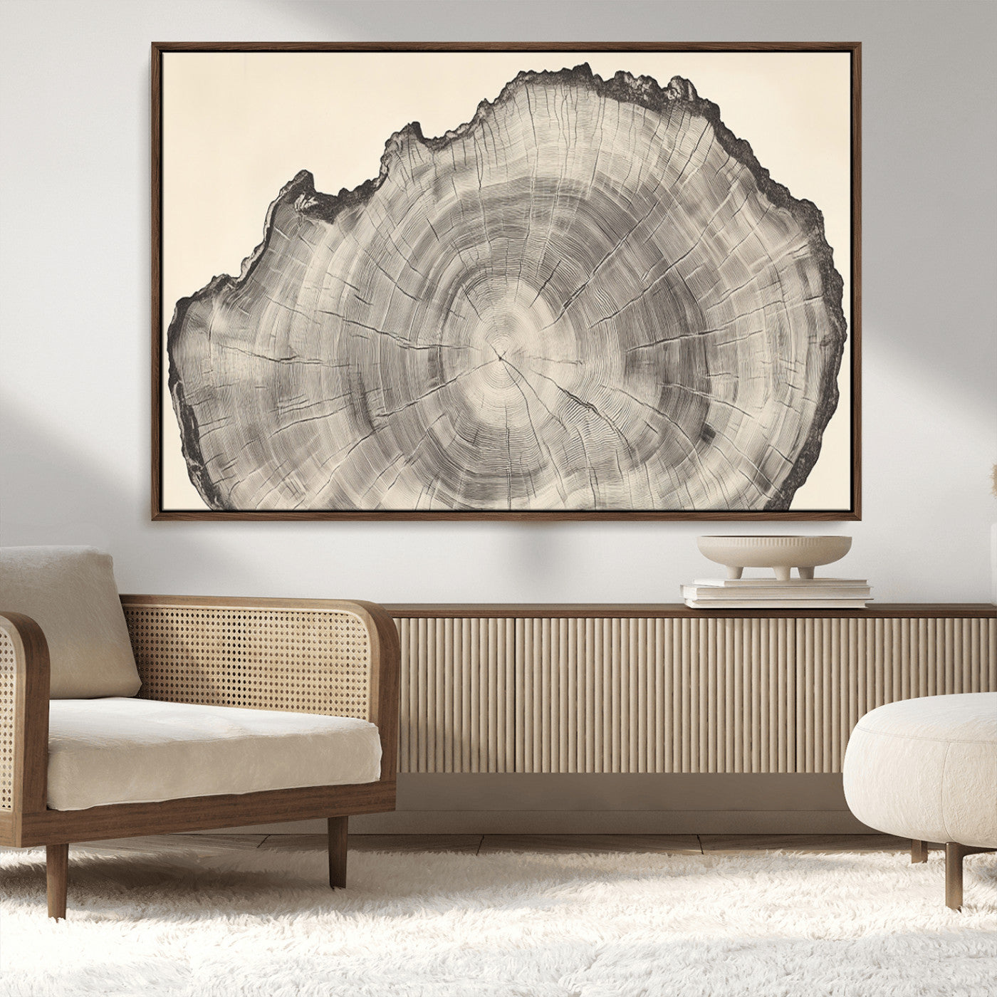 Detailed tree ring drawing in monochrome tones, ideal for rustic or nature-inspired interiors with a minimal decor aesthetic.