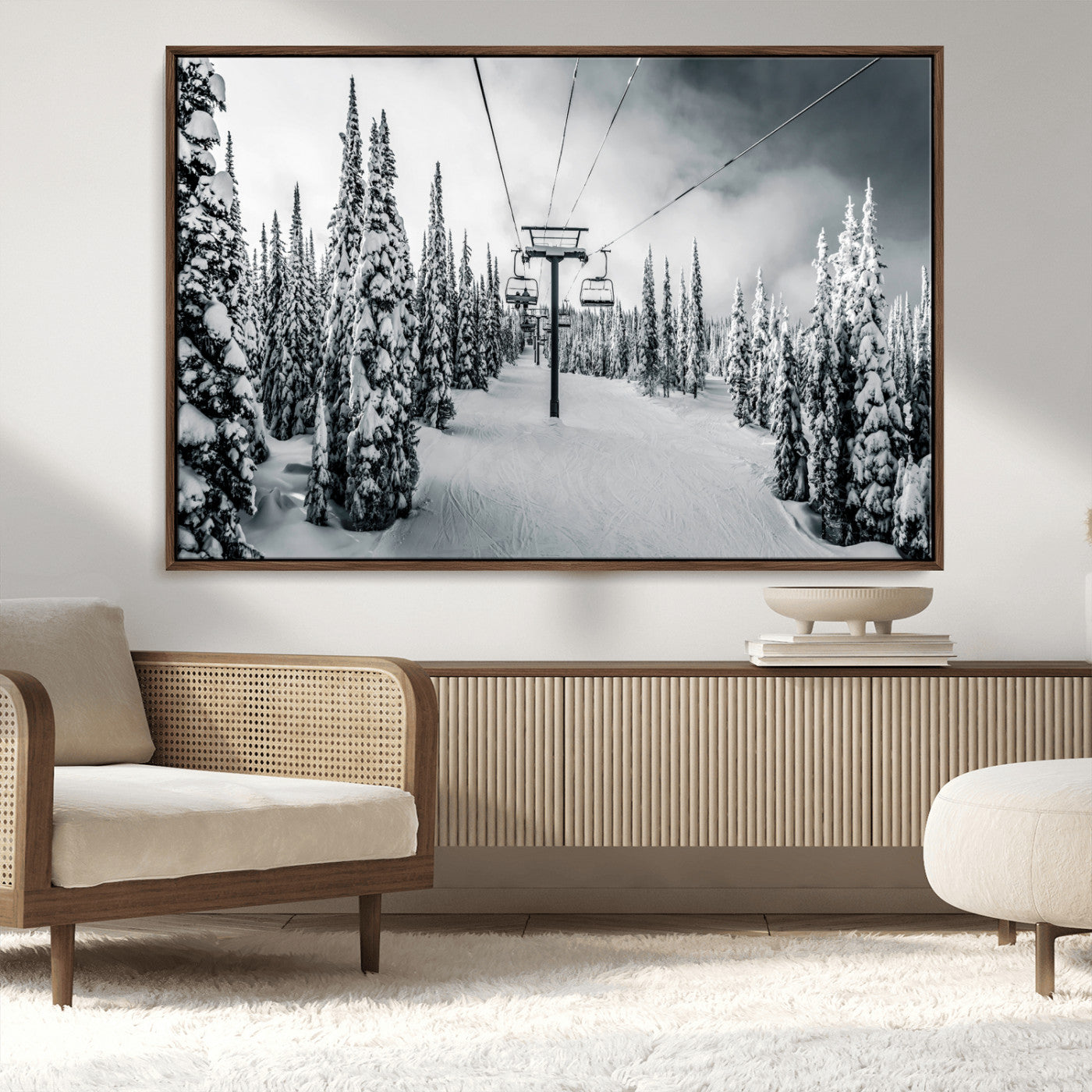 Canvas of a snowy ski lift scene through a forest of tall pine trees, ideal for moody winter or alpine-themed home decor.