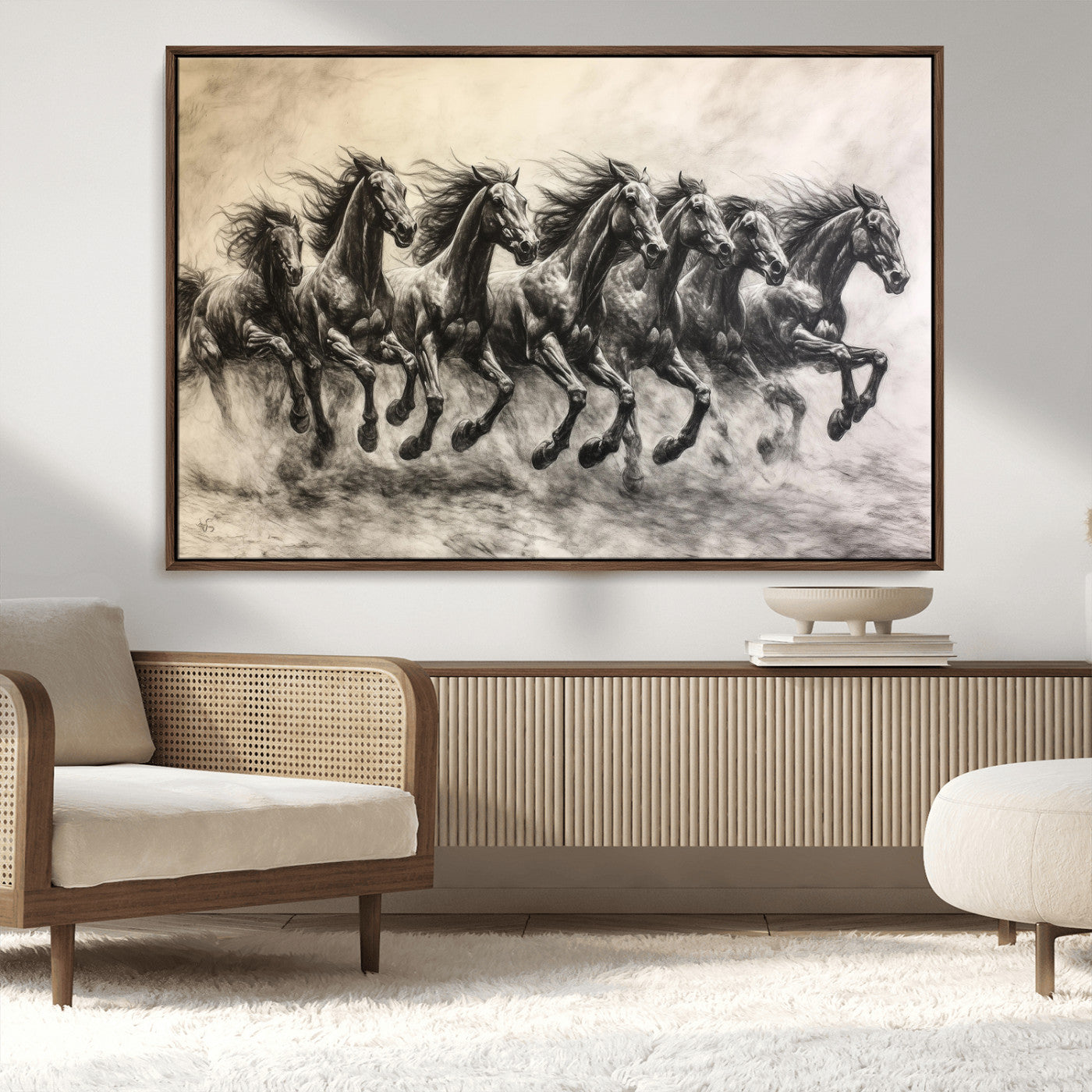 Monochrome drawing of a herd of galloping horses, perfect for dynamic and wild-themed decor in any equestrian or nature-inspired room.