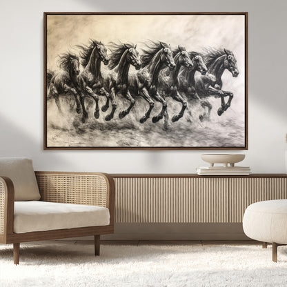 Monochrome drawing of a herd of galloping horses, perfect for dynamic and wild-themed decor in any equestrian or nature-inspired room.
