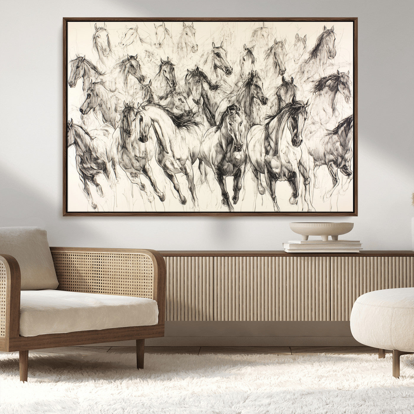 Monochrome ink sketch of galloping horses in dynamic motion, perfect for western or equine-themed wall decor with bold artistic energy.