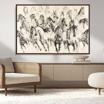 Monochrome ink sketch of galloping horses in dynamic motion, perfect for western or equine-themed wall decor with bold artistic energy.