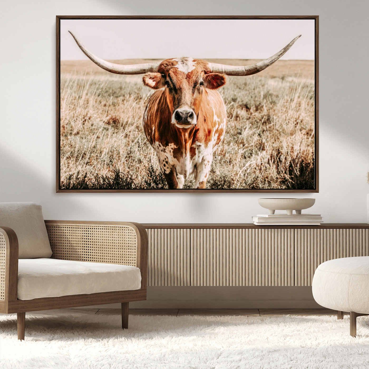 Framed longhorn cow canvas wall art with rustic prairie background, western animal print perfect for farmhouse or ranch style decor