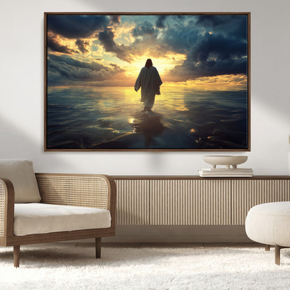 Spiritual artwork of Jesus walking on water at golden hour with divine light, ideal for Christian home decor or prayer room.