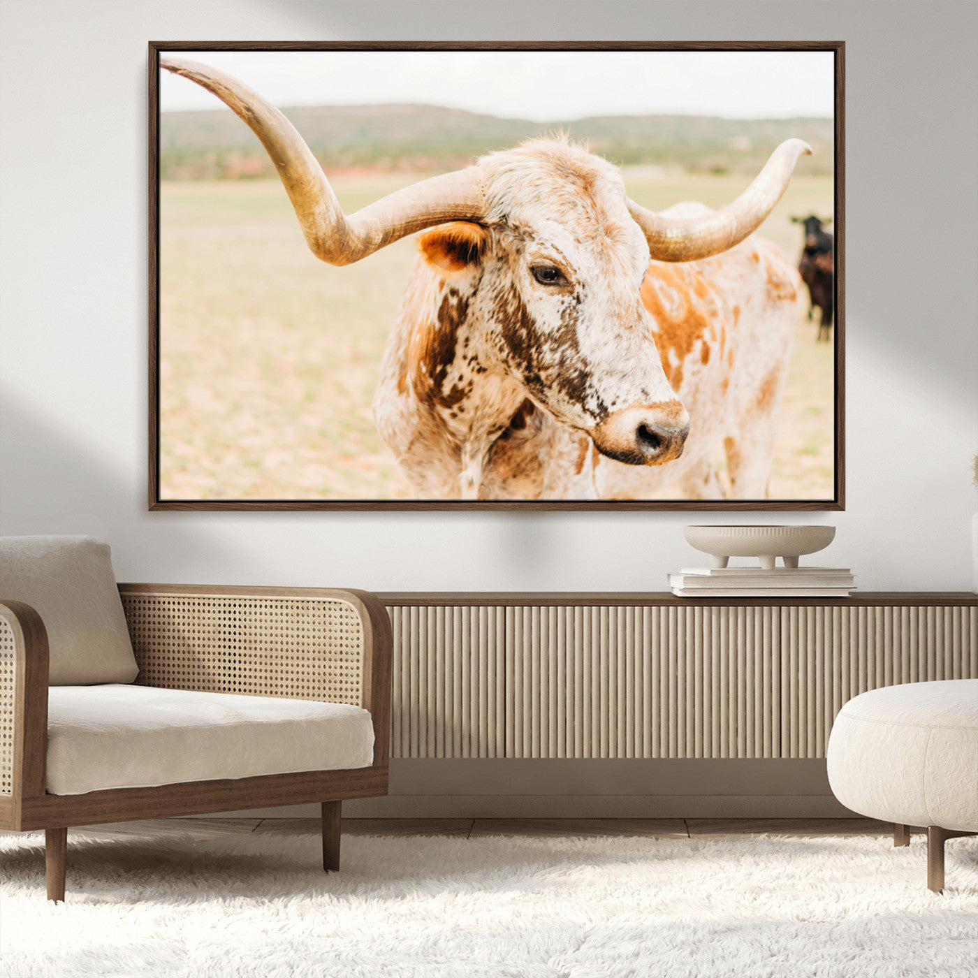 Close-up of a speckled Texas Longhorn in warm prairie tones, perfect for rustic western or countryside-themed room decor.