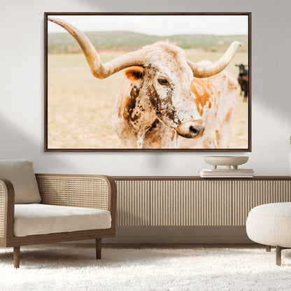 Close-up of a speckled Texas Longhorn in warm prairie tones, perfect for rustic western or countryside-themed room decor.