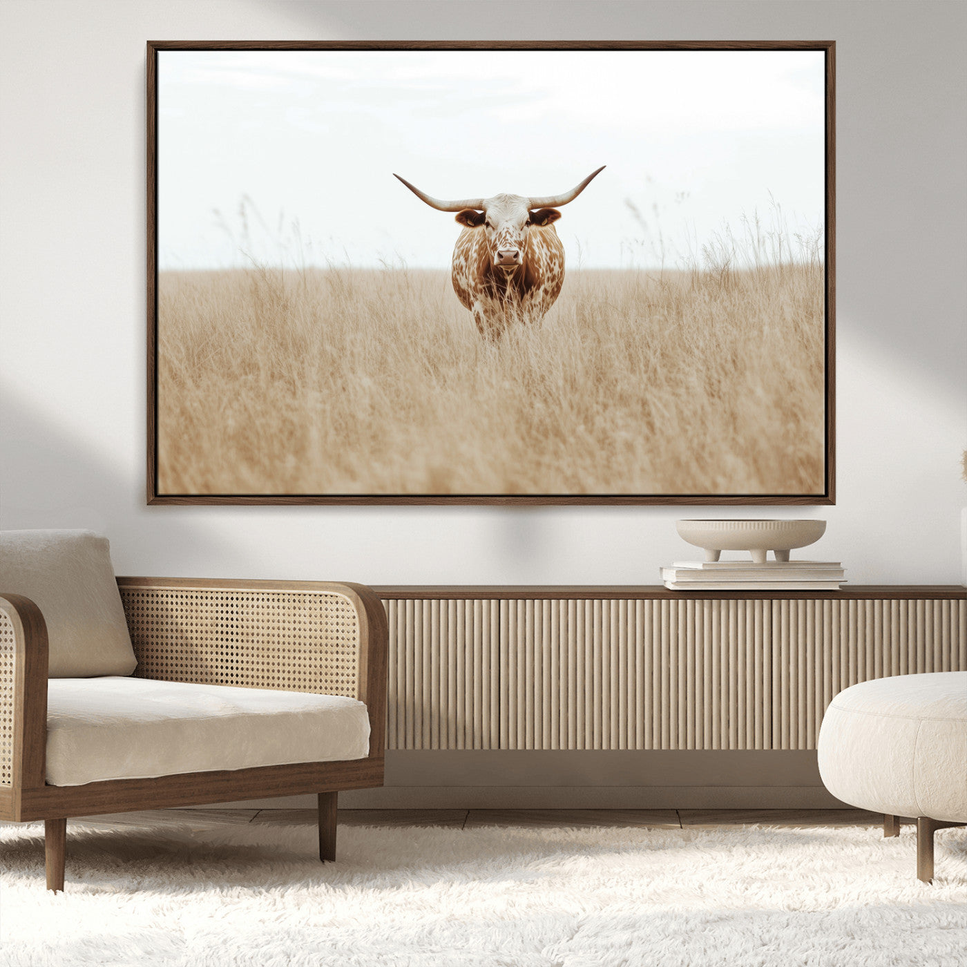 Texas Longhorn bull standing alone in dry grass with neutral tones, ideal for rustic western or cowboy-themed wall decor.