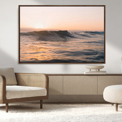 Framed canvas of ocean waves glowing in sunset light, ideal for golden hour calm or peaceful coastal-inspired wall decor.