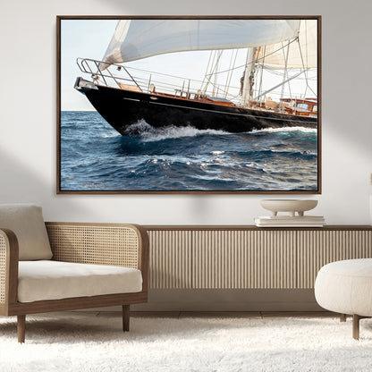 Close-up of a classic sailing yacht with wooden deck and full sails, perfect for nautical or coastal-style decor in ocean-themed spaces.