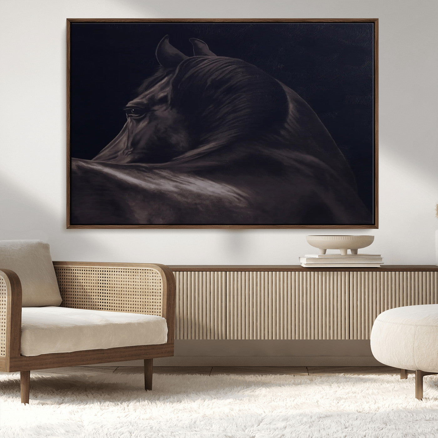 Close-up of a black horse with dramatic lighting on a dark background, perfect for rustic or masculine home decor.