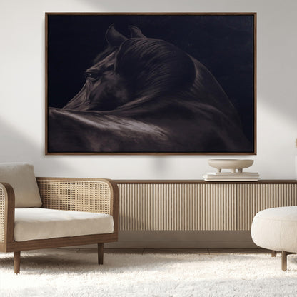 Close-up of a black horse with dramatic lighting on a dark background, perfect for rustic or masculine home decor.