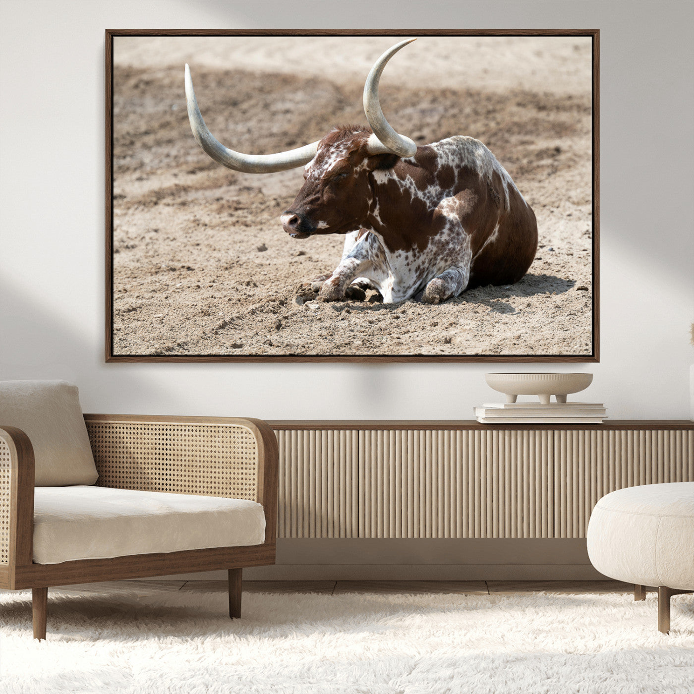 Texas Longhorn Wall Art Canvas Print, Framed Country Living Art Picture Print, Farmhouse Aesthetic Perfect Western Rustic Decor Artwork