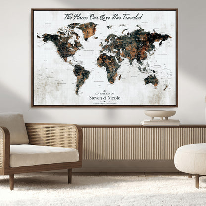 89231588-MGV-CV-36X24-World Travel Map with Pins – Framed Canvas Print to Track Adventures and Create a Visual Travel Journal, Ideal Wall Art for Home - H17