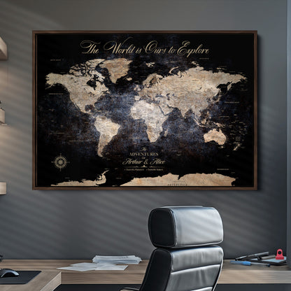 '-Customize Push Pin World Map Wall Canvas Print, Personalized Travel Tracker with Pins, Framed Large Canvas for Home Office Decor - H37