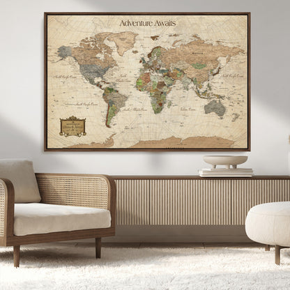 Custom Push Pin World Map Wall Canvas Print – Personalized Travel Tracker with Pins – Framed Custom Quotie Canvas for Home Office Decor