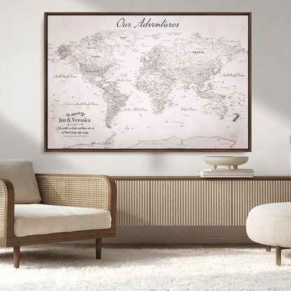 Customize Push Pin World Map Wall Canvas Print – Personalized Travel Map with Foam Pins – Framed Custom Quotie Canvas for Home Office Decor