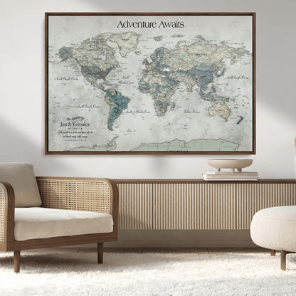 Customize Push Pin World Map Wall Canvas Print – Personalized Travel Tracker with Pins – Framed Custom Quotie Canvas for Home Office Decor
