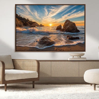 Rocky Ocean Sunset Wall Art Print, Seaside Canvas Wall Art, Dramatic Seascape Canvas Print for Coastal Modern Decor, Ocean Sunset Art Printing