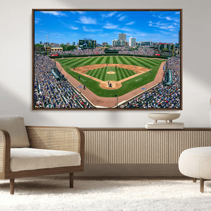 Wrigley Field Baseball Stadium Canvas Wall Art, Packed Crowd Sports Stadium Print, City Skyline Baseball Field Canvas for Game Room Decor