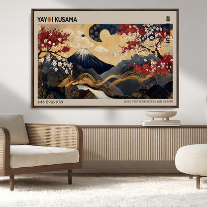 Yayoi Kusama's artwork featuring Mount Fuji, blooming cherry trees, and intricate swirls, blending traditional Japanese elements with vibrant color.