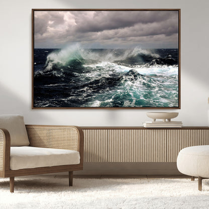 Powerful ocean waves crashing under stormy skies, creating a dynamic and intense seascape.
