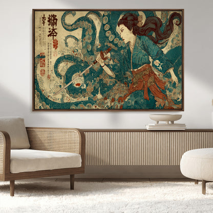 Tsukioka Yoshitoshi Samurai Wall Art Print, Japanese Katana Warrior Canvas Wall Art, Octopus Sea Monster Canvas Print,