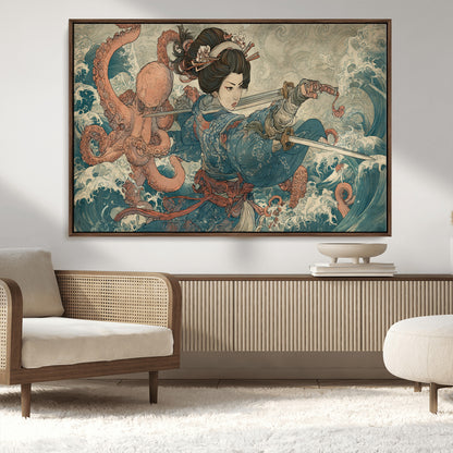 Tsukioka Yoshitoshi Samurai Wall Art Print, Japanese Katana Warrior Canvas Wall Art, Octopus Sea Monster Canvas Print,