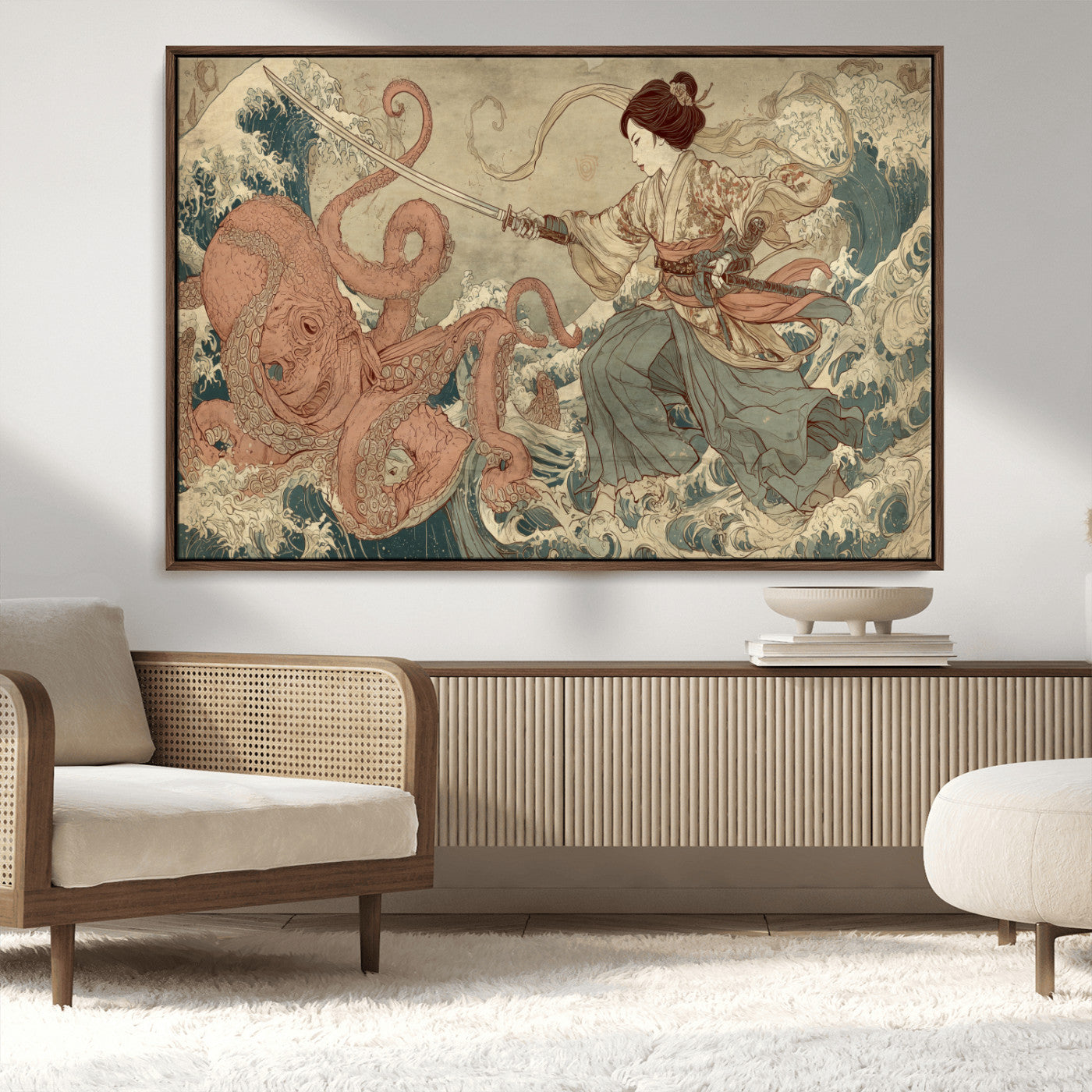 Tsukioka Yoshitoshi Samurai Wall Art Print, Japanese Katana Warrior Canvas Wall Art, Octopus Sea Monster Canvas Print,